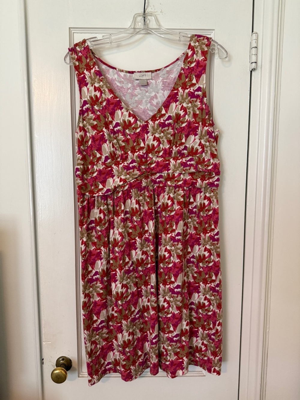 LOFT Pink Olive and White Floral V-Neck Sleeveless Dress
